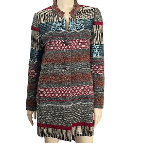 RIANI Aztec Print Long Jacket In Grey Burgundy & Turquoise - Picture 5 of 11